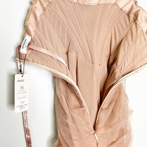 House of CB Leila Strapless Blush Mesh Shirred Bodycon Mini Dress Cream Size XS - Picture 7 of 12